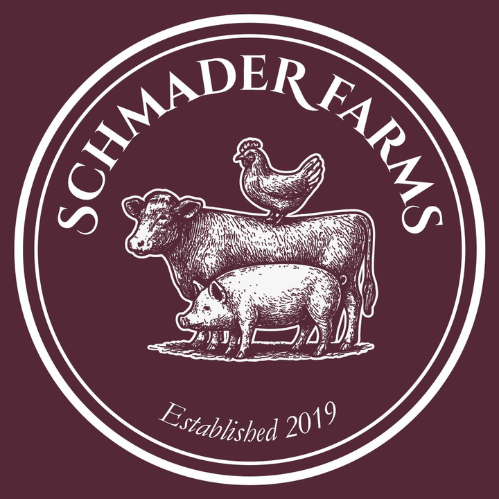 Schmader Farms emblem featuring a cow, pig, and rooster